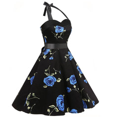 1950s Vintage Black Dress Halter Neck Floral Print A-Line Cocktail Swing Dresses