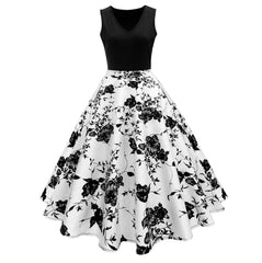 V Neck Sleeveless Audrey Hepburn 1950S Vintage Floral Evening Swing Dresses