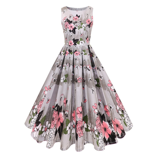  1950s Vintage Retro Floral Printed Hepburn Dress Sleeveless