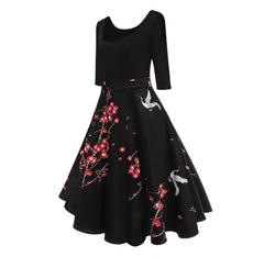 Women’s Vintage Midi Dress Floral Scoop Neck