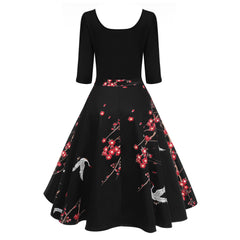 Women’s Vintage Midi Dress Floral Scoop Neck