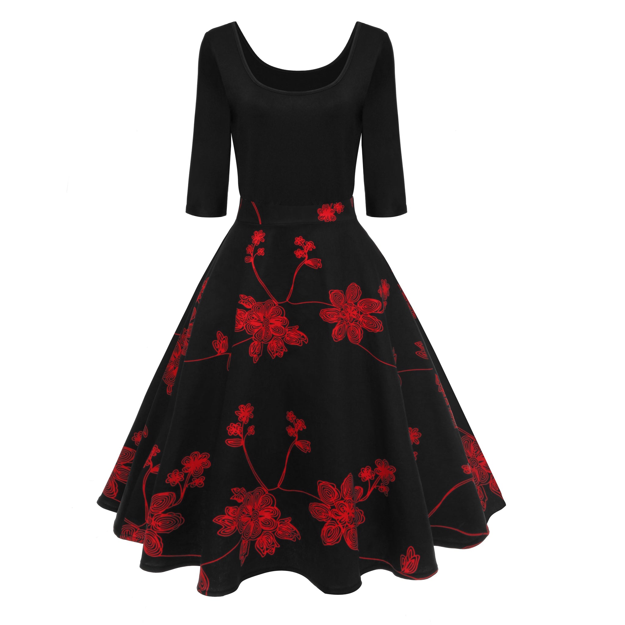 Women’s 50s Vintage Floral U-Neck Midi Dress Long Sleeve