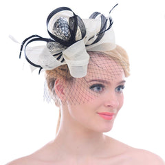 Wedding Bridal Looped Ribbon Net veil Feather Hair Clip Fascinator Kentucky Derby Cocktail Hat