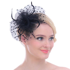 Big Flower Mesh Bow Feather Women Fascinator Dot Veil Hair Clip Wedding