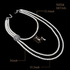 Women's 20s Multilayer Faux Pearls Flapper Long Necklace Earrings Set |JaosWish