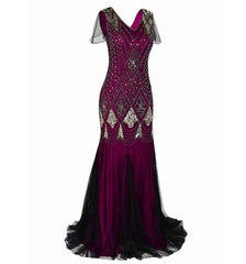 Wine Red Gold Women Evening Dress 1920s Flapper Gatsby Gown