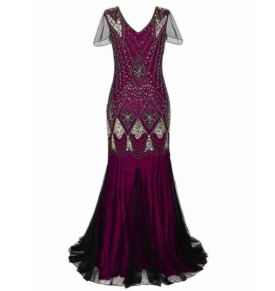 Wine Red Gold Women Evening Dress 1920s Flapper Gatsby Gown