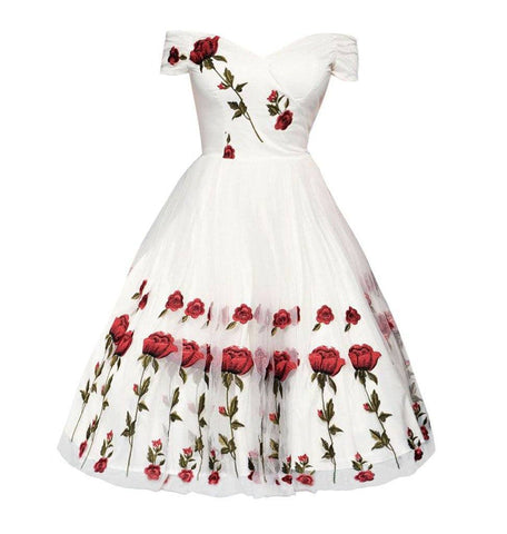 Unique White Rose Embroidery Off Shoulder 1950s Plus Size Dresses Vintage Wedding Dress