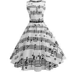 Women Music Note Print Hepburn Dress Vintage 