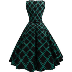 Women's Vintage Plaid Sleeveless Evening Party Hepburn Dress with Belt