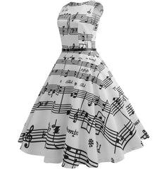 Women Music Note Print Hepburn Dress Vintage 