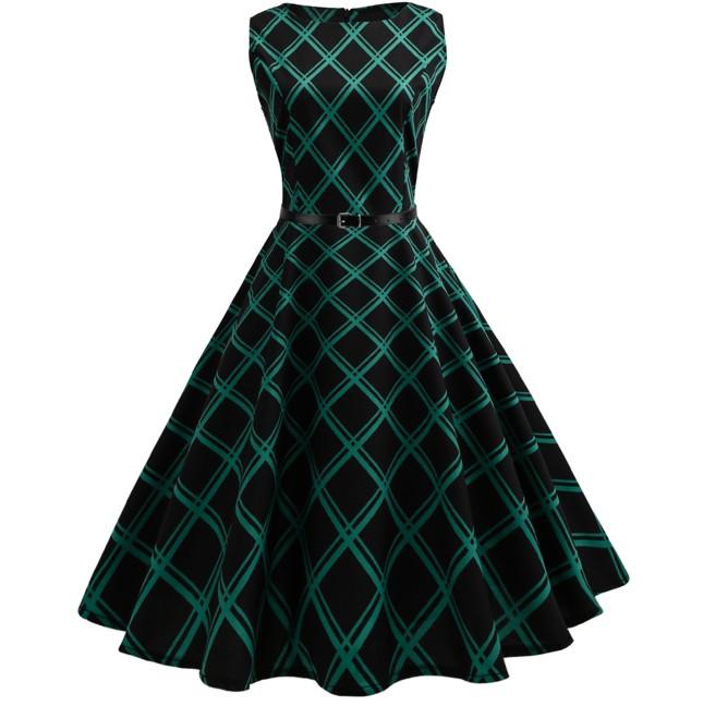 Women's Vintage Plaid Sleeveless Evening Party Hepburn Dress with Belt