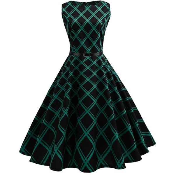 Women's Vintage Plaid Sleeveless Evening Party Hepburn Dress with Belt