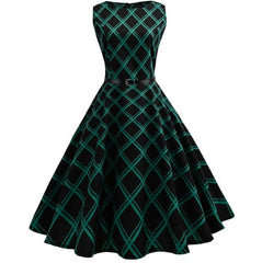 Women's Vintage Plaid Sleeveless Evening Party Hepburn Dress with Belt