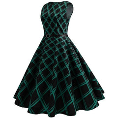 Women's Vintage Plaid Sleeveless Evening Party Hepburn Dress with Belt