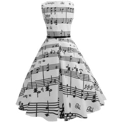Women Music Note Print Hepburn Dress Vintage 