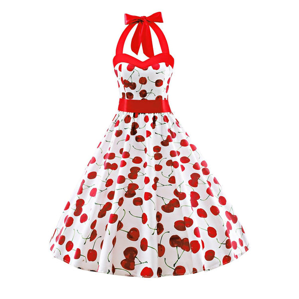 Womens Vintage Cherry Dress 50s Fashion Halter Floral Spring Garden Party