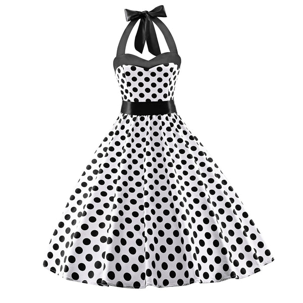 Women's 1950s Retro Cocktail Vintage White Dress with Black Polka Dots