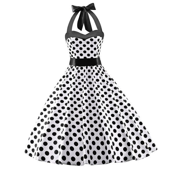 Women's 1950s Retro Cocktail Vintage White Dress with Black Polka Dots ...