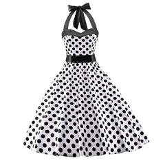 Women's 1950s Retro Cocktail Vintage White Dress with Black Polka Dots