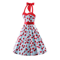 Polka Dots Halter Neck Dress Audrey Hepburn Floral Vintage Swing Dresses 50s