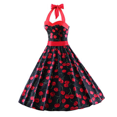Cherry Red Neckline Halter neck 50s Inspired Vintage Floral Rockabilly Swing Pinup Dresses