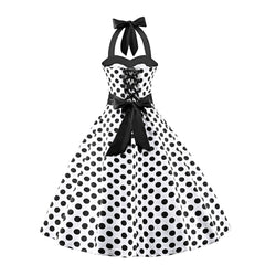 Women's 1950s Retro Cocktail Vintage White Dress with Black Polka Dots