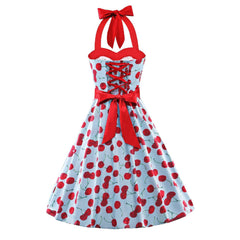 Polka Dots Halter Neck Dress Audrey Hepburn Floral Vintage Swing Dresses 50s