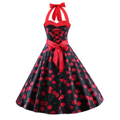 Cherry Red Neckline Halter neck 50s Inspired Vintage Floral Rockabilly Swing Pinup Dresses