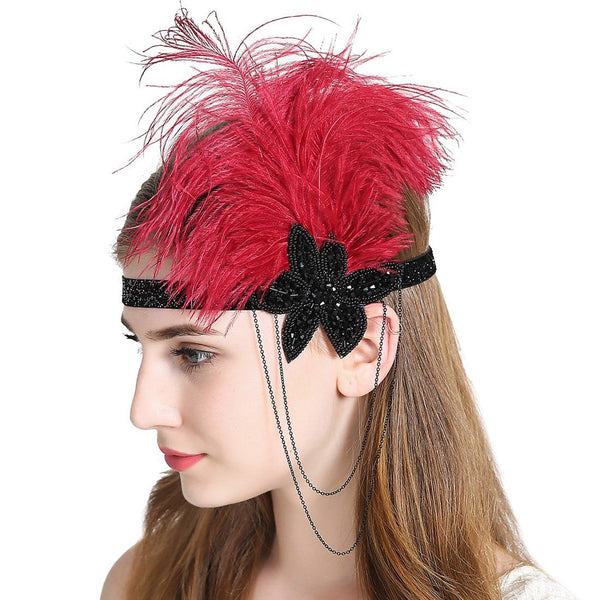 Vintage Feather Flapper Fascinator Tassel Chain Plastic Beads