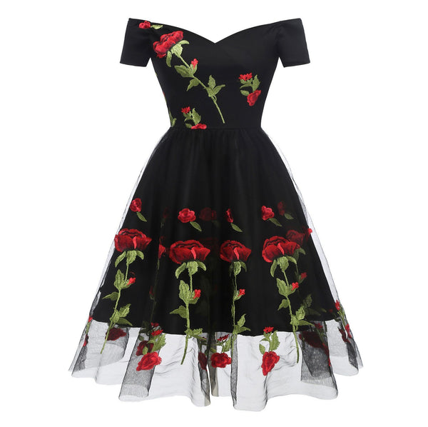 Vintage Party 1950s Rockabilly Dress Off Shoulder Black Tulle
