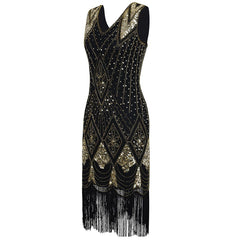 1920s Flapper Dress Gold Sequins Black Tassel Fringes Gatesby Party