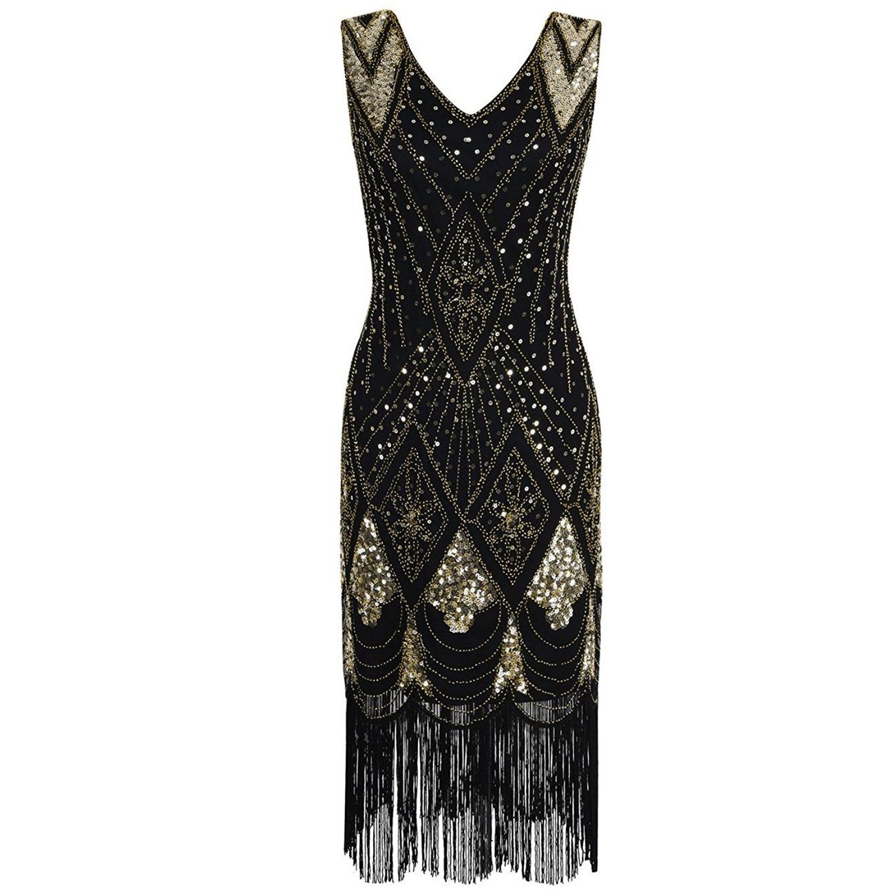 1920s Flapper Dress Gold Sequins Black Tassel Fringes Gatesby Party