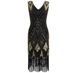 1920s Flapper Dress Gold Sequins Black Tassel Fringes Gatesby Party