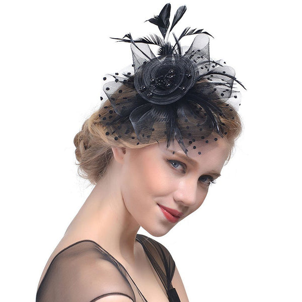 Elegant Silk Flower Feather Dot Net Fascinator Hat