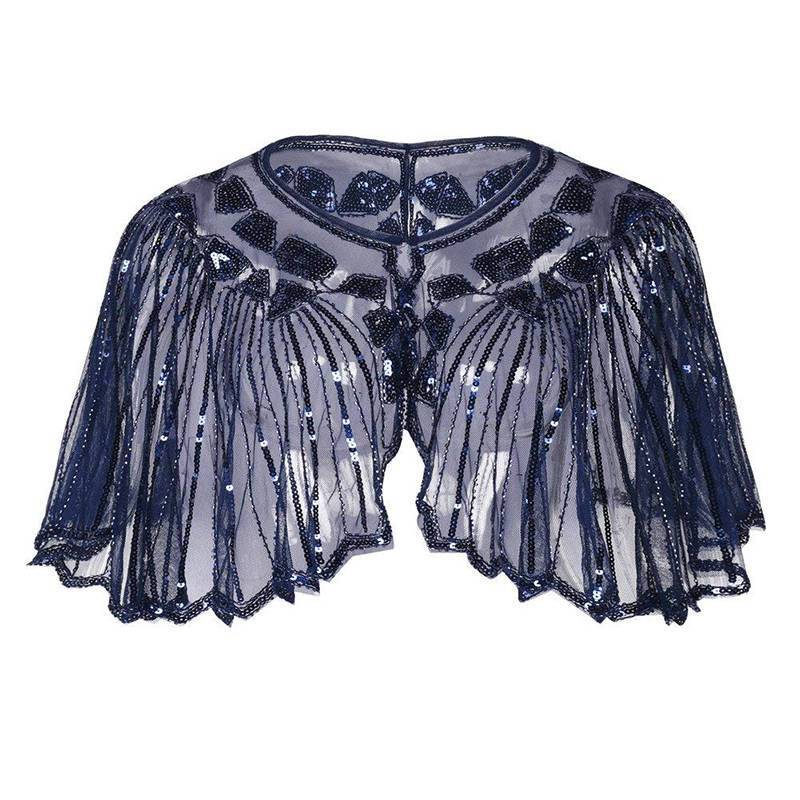 1920s Shawl Sequin Evening Cape Flapper Cover Up Blue