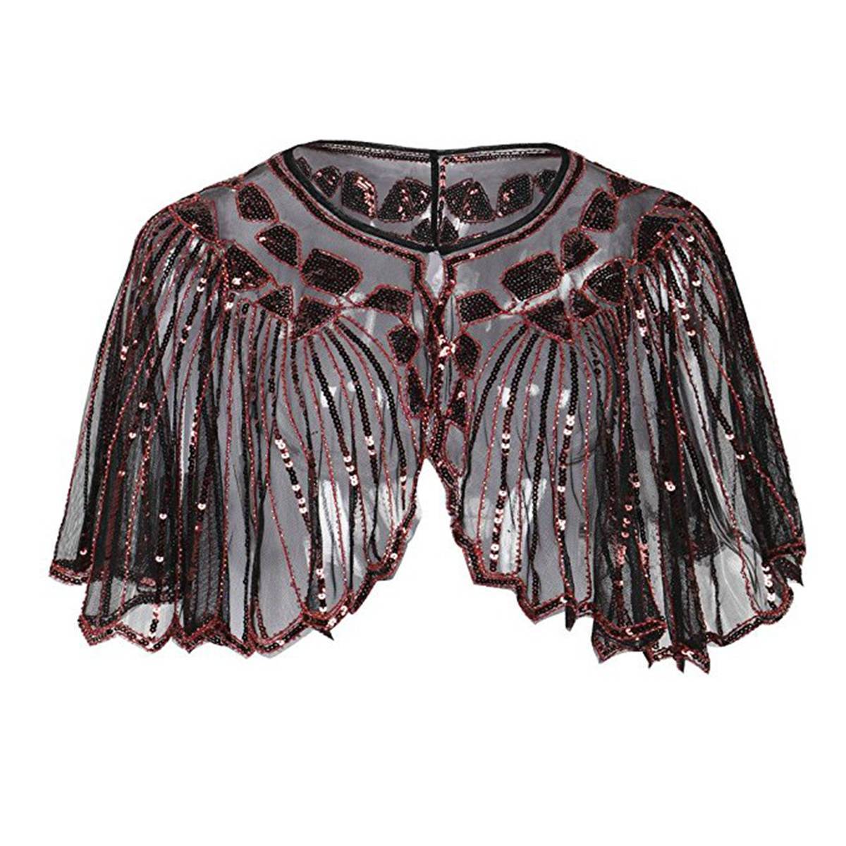 1920s Shawl Sequin Evening Cape Flapper Cover Up Red