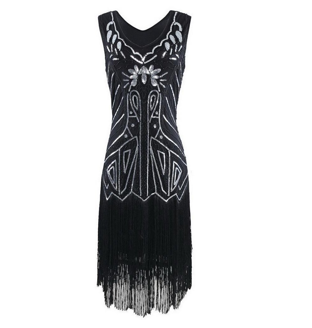 Sequined Style 1920s Fringe V-Neck Sleeveless Flapper Dress