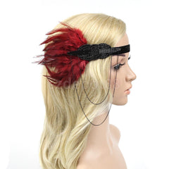 Vintage Feather Flapper Headband 1920s Charleston Headpiece Burgundy